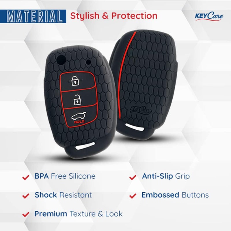 keyzone Keycare Compatible Silicone Key Cover for Venue, Aura, Elite i20, Active i20, Xcent 3 Button flip Key with KC Mini RB Keyring (KC10 Black with KC Mini RB Keyring) - Image 5