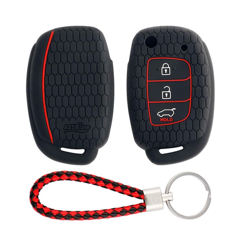 keyzone Keycare Compatible Silicone Key Cover for Venue, Aura, Elite i20, Active i20, Xcent 3 Button flip Key with KC Mini RB Keyring (KC10 Black with KC Mini RB Keyring) - Image 1