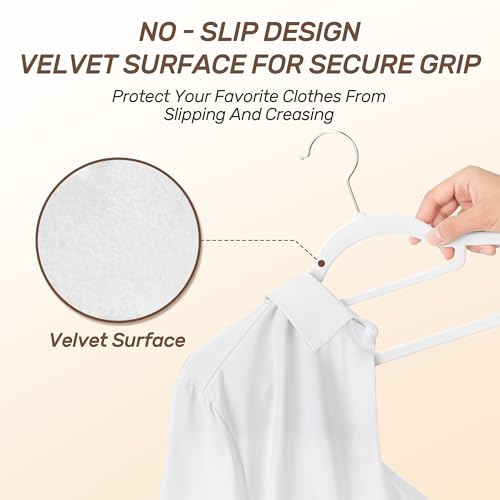 Sishynio Velvet Hangers 30 Pack with Gold Hooks, Non-Slip Slim Felt Hanger for Clothes, Heavy Duty Space Saving Flocked Hangers for Dresses, Suits, Coats & Pants(White) - Image 3