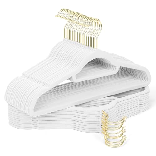 Sishynio Velvet Hangers 30 Pack with Gold Hooks, Non-Slip Slim Felt Hanger for Clothes, Heavy Duty Space Saving Flocked Hangers for Dresses, Suits, Coats & Pants(White) - Image 1