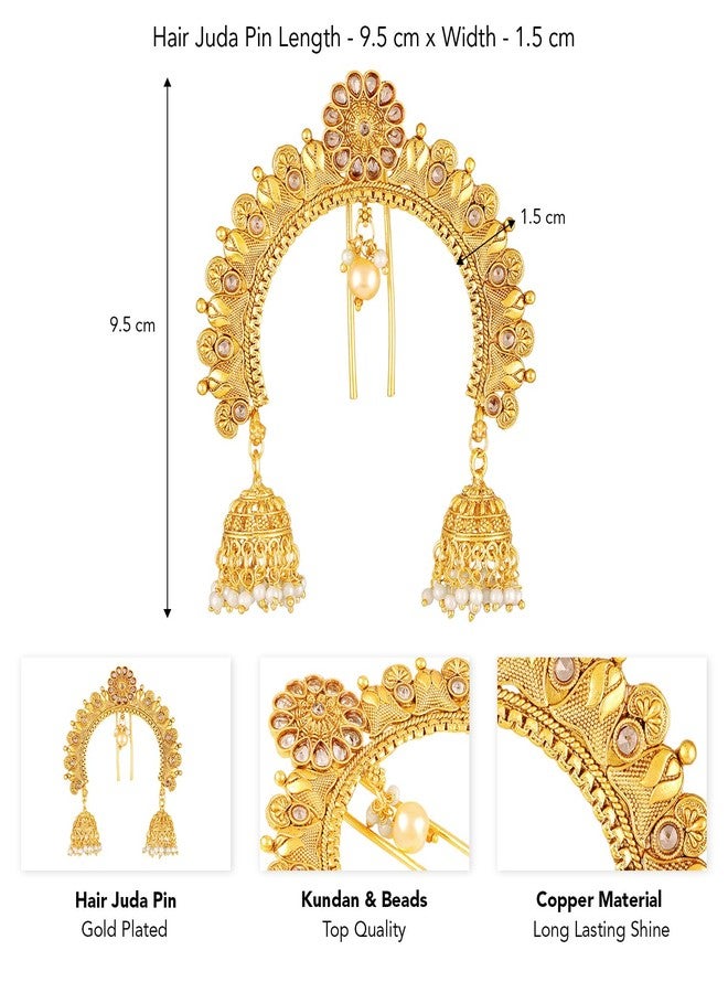 Peora Gold Plated Kundan & Beads Studded Ethnic Hair Juda Pin Jewellery for Women & Girls - Image 3