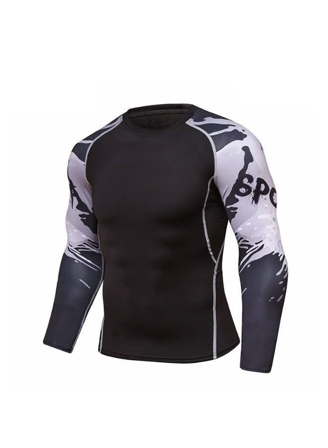 Men's Long Sleeve Fitness Print T Shirt Running Training Sports Tights Tops Fast Drying Elastic Sportswear Tees - Image 1