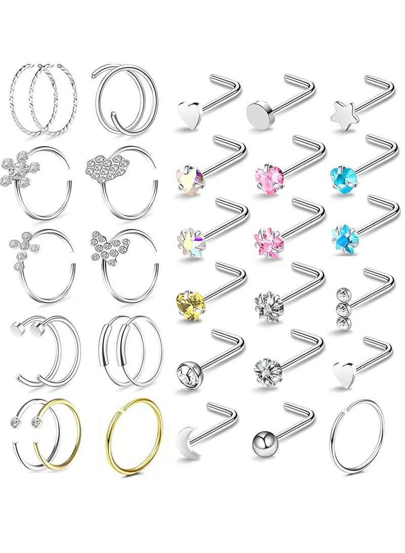 أوليس فيرس  مجموعة 31 قطعة زمام وخواتم أنف فولاذ مقاوم للصدأ 20G مضادة للحساسية، برشام وخواتم أنف على شكل L للنساء والرجال - Image 1