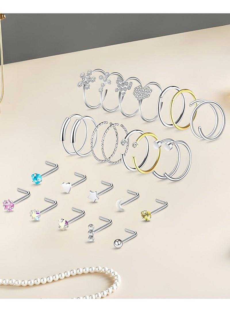 AuliceVerse 32Pcs Stainless Steel Nose piercing Nose Ring Set, 20G Hypoallergenic Nose Studs & Hoops, L-Shaped Jewelry for Women Men - Image 2