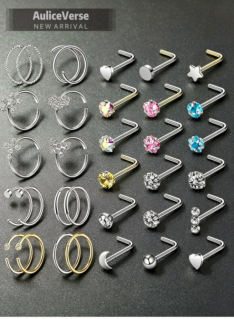 AuliceVerse 32Pcs Stainless Steel Nose piercing Nose Ring Set, 20G Hypoallergenic Nose Studs & Hoops, L-Shaped Jewelry for Women Men - Image 1