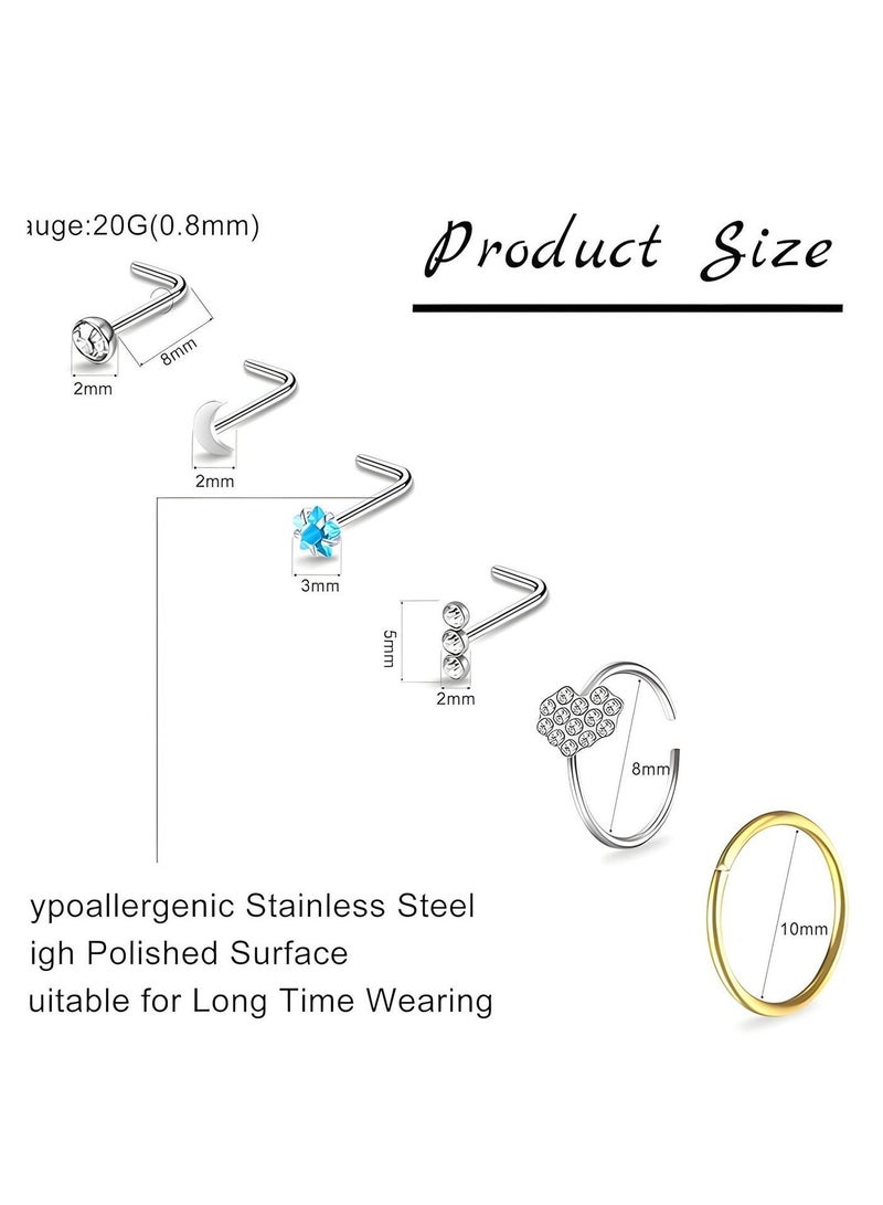 AuliceVerse 32Pcs Stainless Steel Nose piercing Nose Ring Set, 20G Hypoallergenic Nose Studs & Hoops, L-Shaped Jewelry for Women Men - Image 3