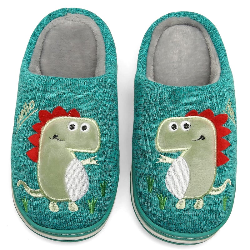 INMINPIN Boys Girls Cozy House Slippers Warm Plush Winter Cotton Slipper Kids Cute Dinosaur Indoor Shoes Non-Slip,Deep Green,1/2 Big Kid - Image 2