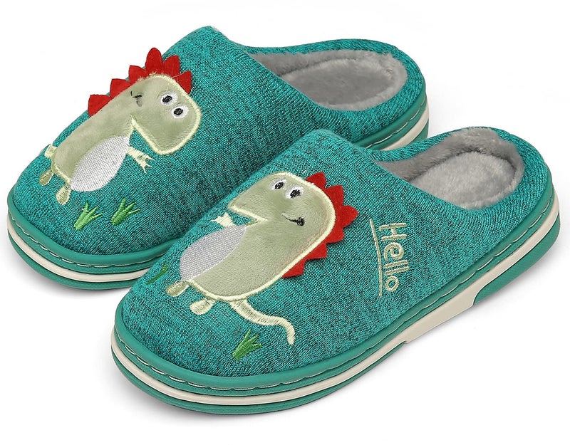 INMINPIN Boys Girls Cozy House Slippers Warm Plush Winter Cotton Slipper Kids Cute Dinosaur Indoor Shoes Non-Slip,Deep Green,1/2 Big Kid - Image 1