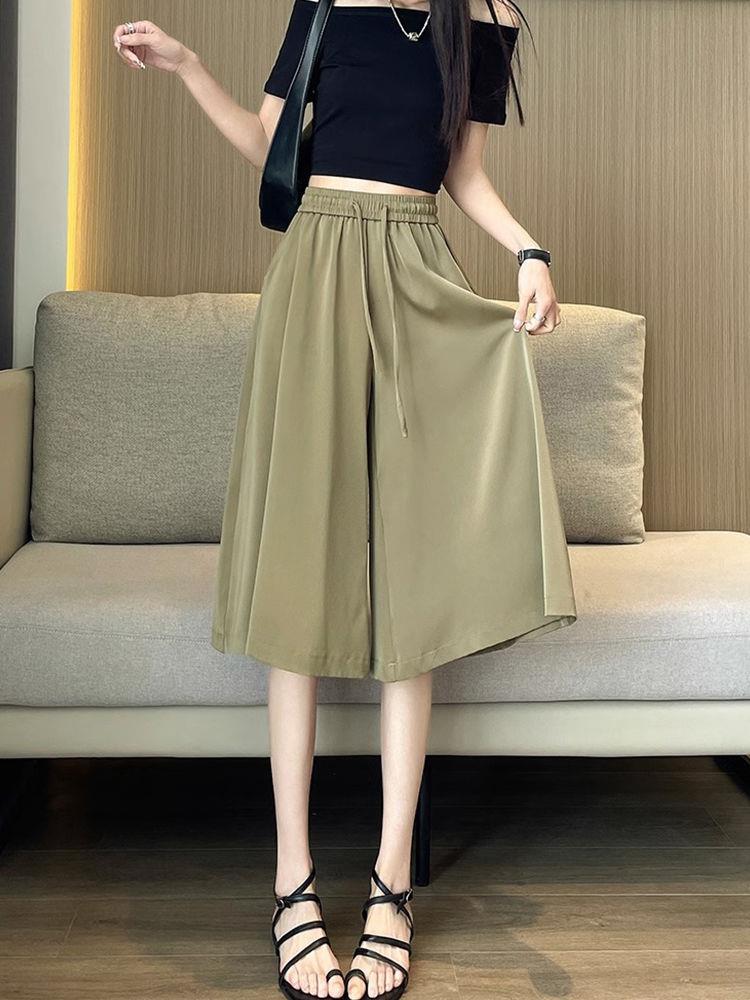 Summer Thin Ice Silk Culottes Wide Leg Pants for Women Tea khaki - Image 5