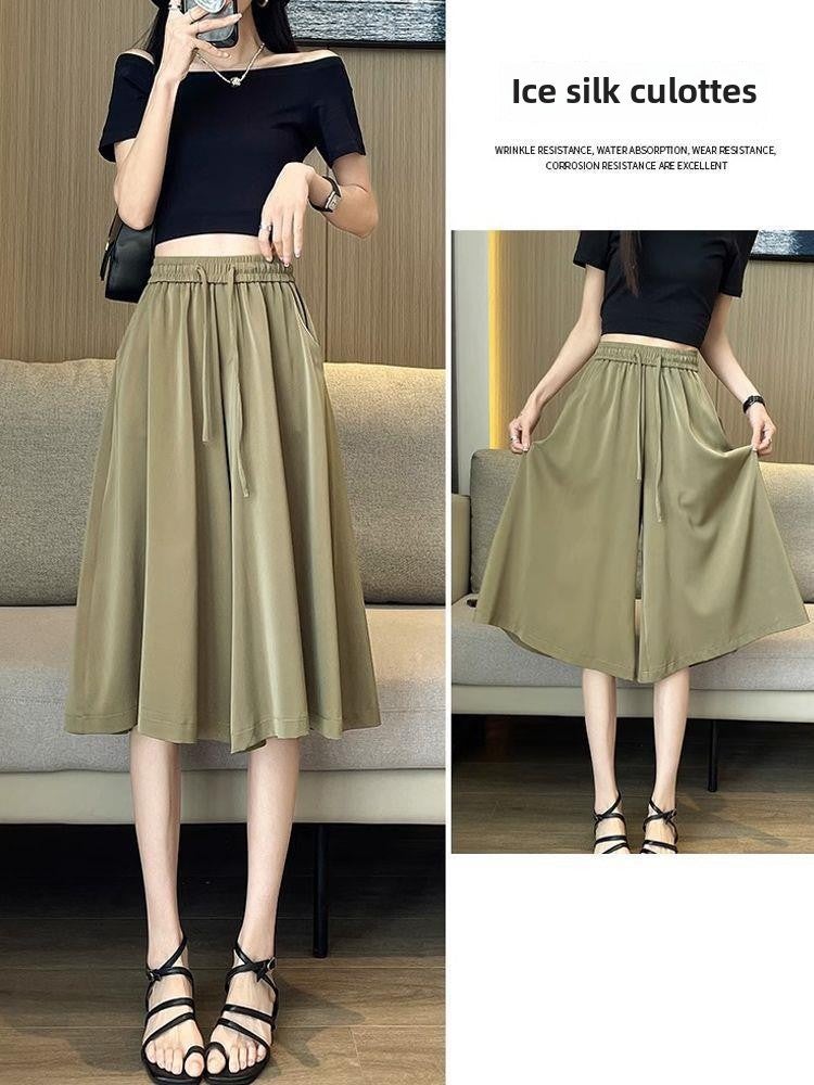 Summer Thin Ice Silk Culottes Wide Leg Pants for Women Tea khaki - Image 3