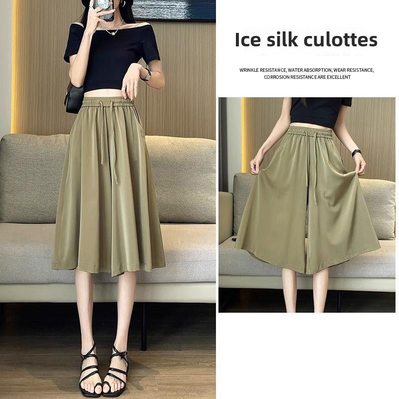 Summer Thin Ice Silk Culottes Wide Leg Pants for Women Tea khaki - Image 1