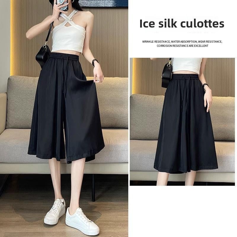 Summer Thin Ice Silk Culottes Wide Leg Pants for Women Tea khaki - Image 2