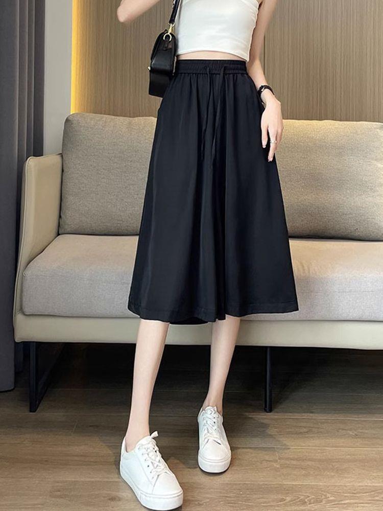 Summer Thin Ice Silk Culottes Wide Leg Pants for Women Tea khaki - Image 4