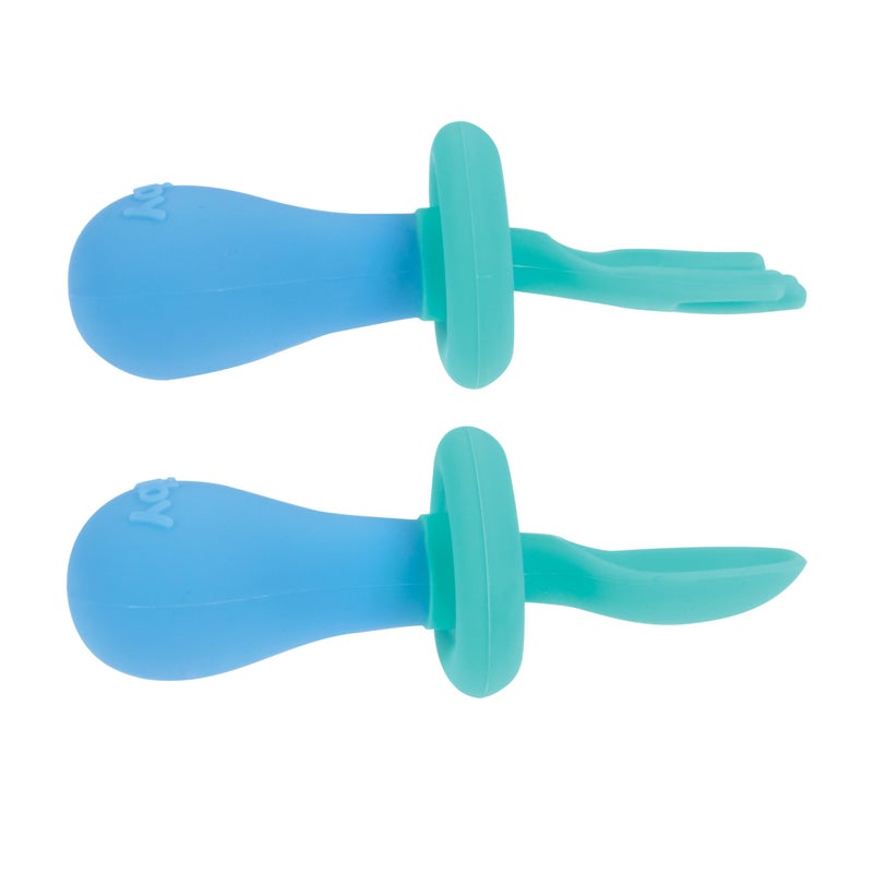 Nuby First Fork and Spoon Set - Utensils with Safety Guards for Babies 6+ Months - Green and Blue - Image 2