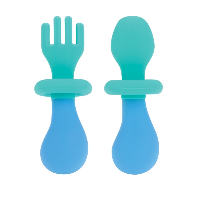 Nuby First Fork and Spoon Set - Utensils with Safety Guards for Babies 6+ Months - Green and Blue - Image 3