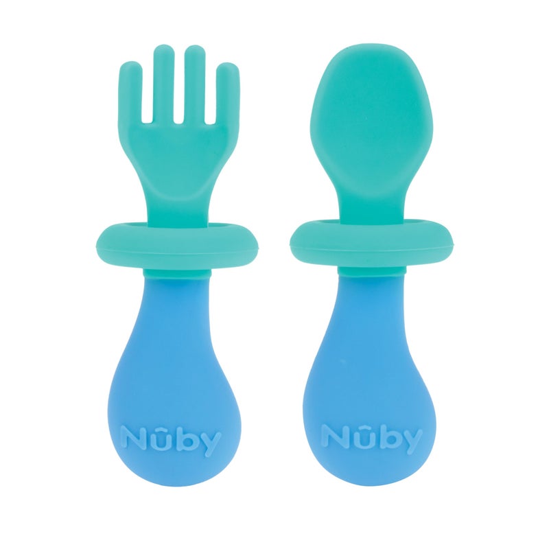 Nuby First Fork and Spoon Set - Utensils with Safety Guards for Babies 6+ Months - Green and Blue - Image 1