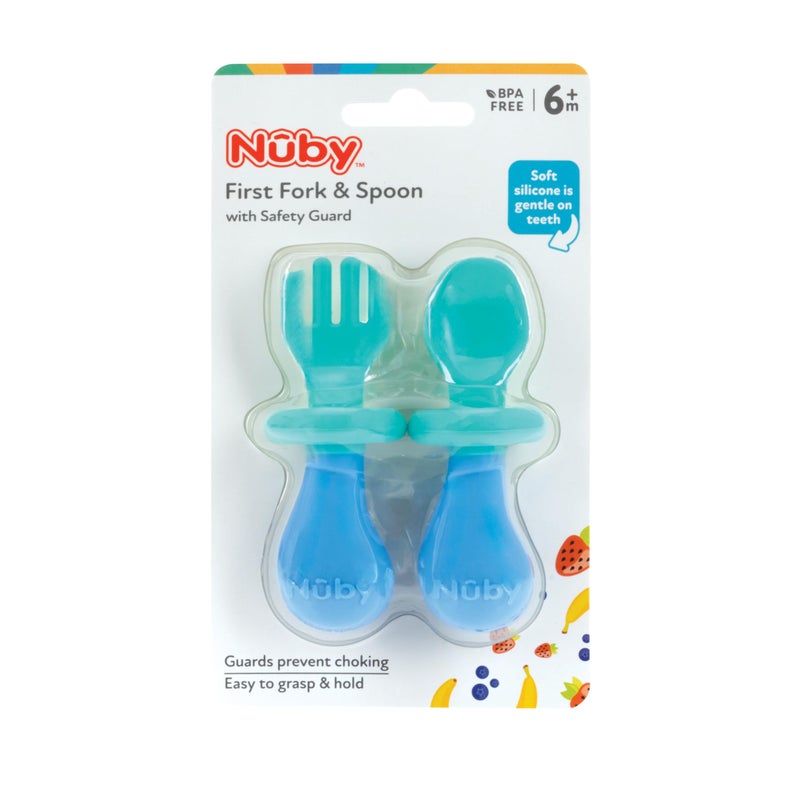 Nuby First Fork and Spoon Set - Utensils with Safety Guards for Babies 6+ Months - Green and Blue - Image 4