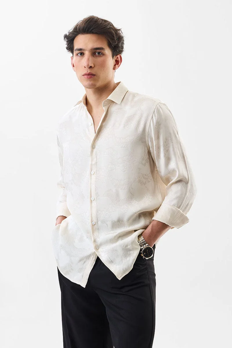 SNITCH Beige Floral Long Sleeve Slim Fit Formal Luxe Shirt