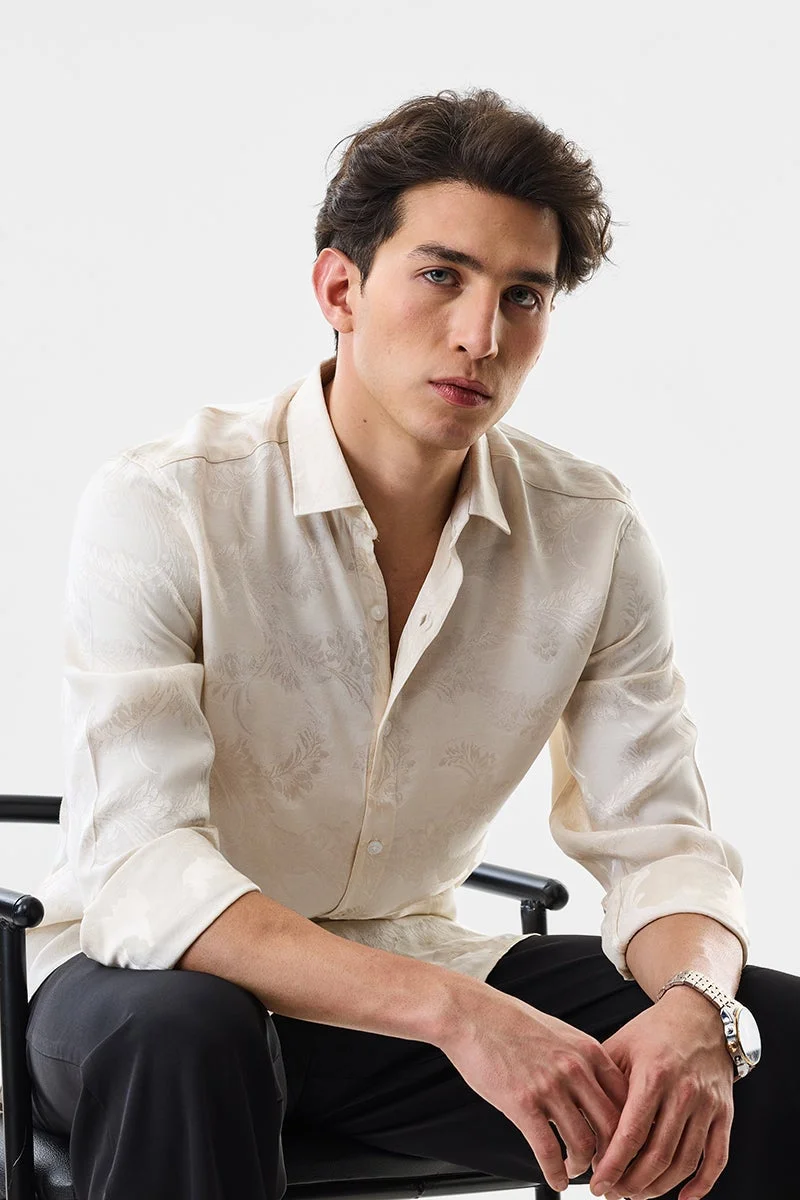 SNITCH Beige Floral Long Sleeve Slim Fit Formal Luxe Shirt