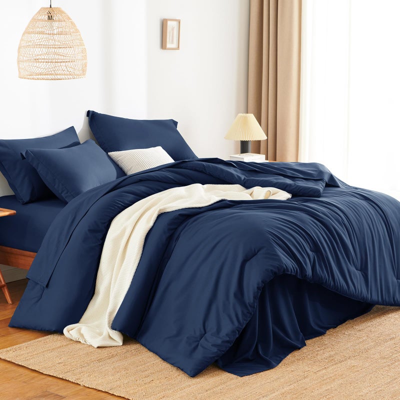 HIMEET Queen Comforter Set - 7 Pieces Bed in a Bag Queen Size, Luxury Comforter Set with Sheets for All Season, Bed Set with Comforter, Flat Sheet, Fitted Sheet, Pillowcases & Shams, Navy Blue - Image 3