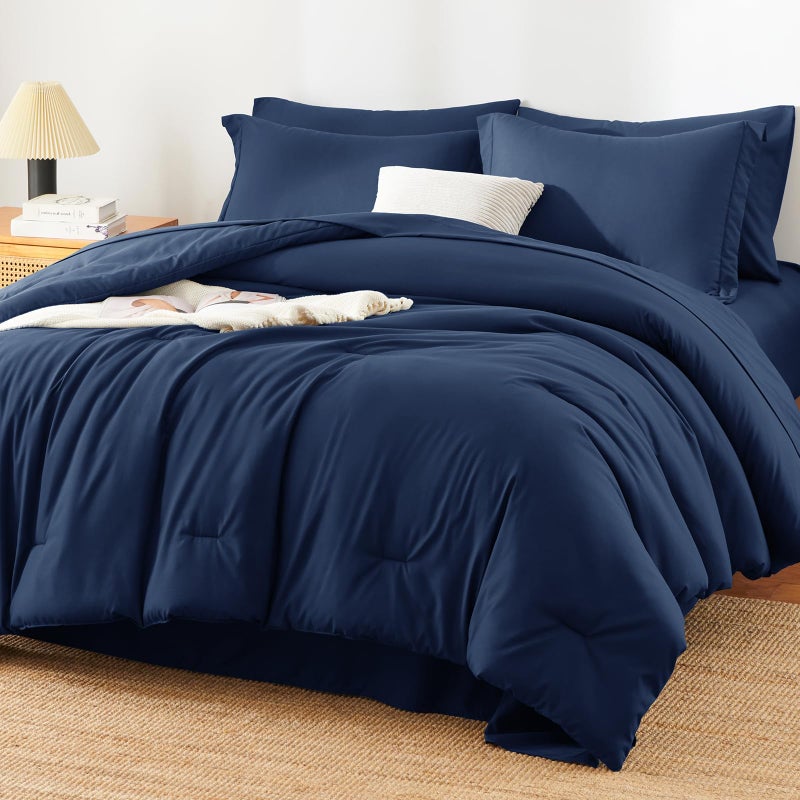 HIMEET Queen Comforter Set - 7 Pieces Bed in a Bag Queen Size, Luxury Comforter Set with Sheets for All Season, Bed Set with Comforter, Flat Sheet, Fitted Sheet, Pillowcases & Shams, Navy Blue - Image 1