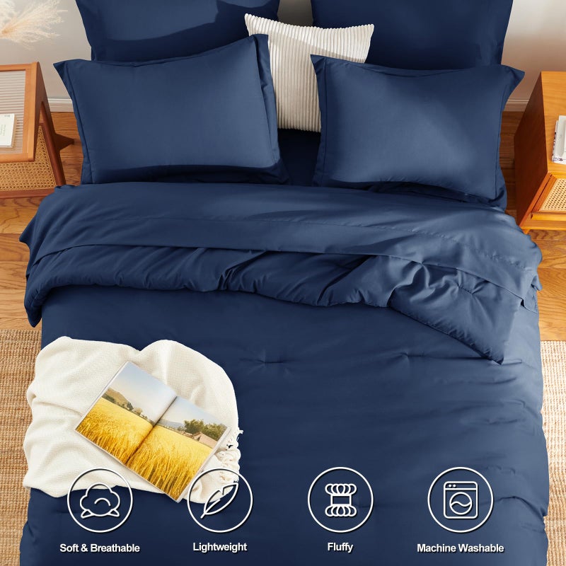 HIMEET Queen Comforter Set - 7 Pieces Bed in a Bag Queen Size, Luxury Comforter Set with Sheets for All Season, Bed Set with Comforter, Flat Sheet, Fitted Sheet, Pillowcases & Shams, Navy Blue - Image 2