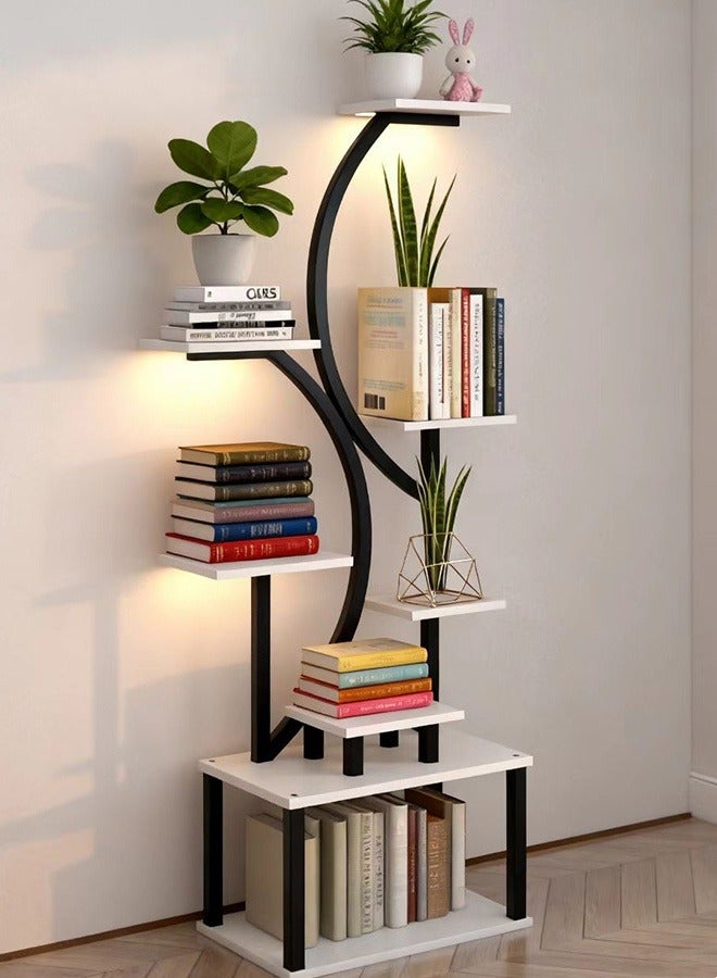 JCB CHIC رف كتب مزود بأضواء نمو، حامل نباتات معدني على شكل حرف S، رف تخزين طويل بـ 8 طبقات، أرفف مفتوحة، رف زاوية حائطي قائم بذاته لتخزين الكتب وتزيينها  رف عرض - Image 1