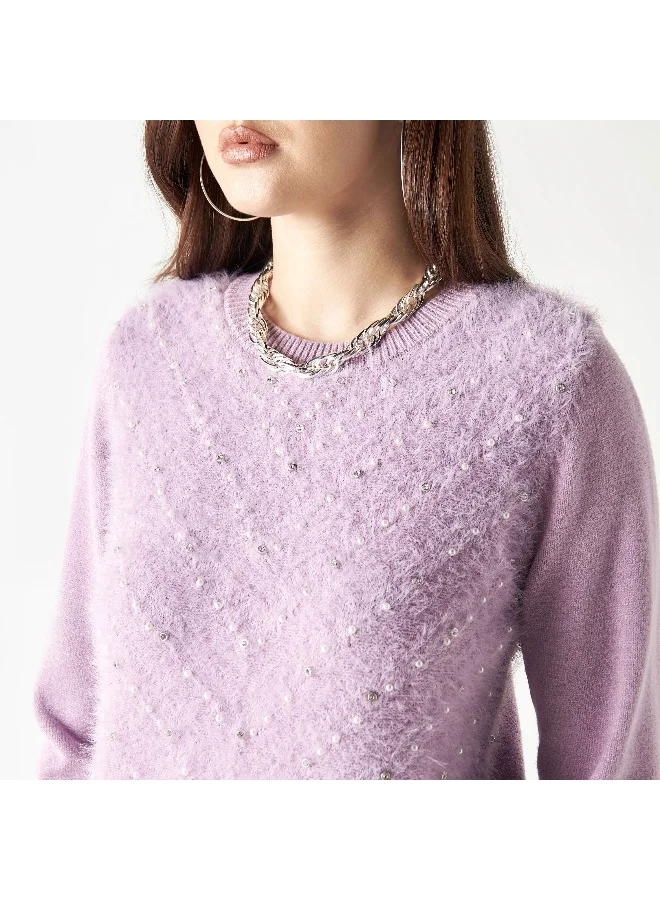 2Xtremz 2Xtremz Embellished Plush Sweater with Crew Neck and Long Sleeves