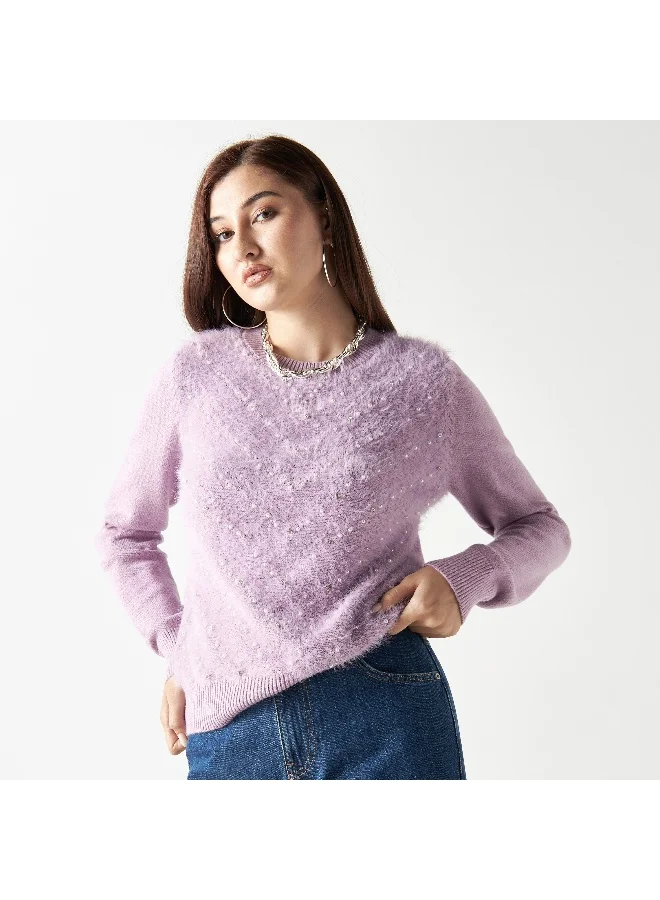2Xtremz 2Xtremz Embellished Plush Sweater with Crew Neck and Long Sleeves