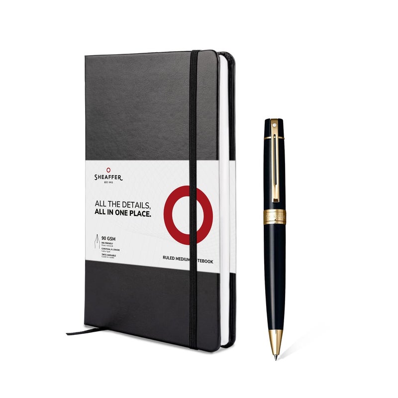 SHEAFFER Pen Sheaffer 300 E9325 Glossy Black With Gold Tone Trims Bp With A5 Notebook In Black Giftbox - Image 1