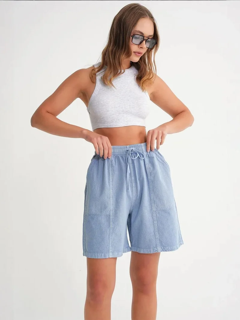 Mixray High Waist Cotton Drawstring Mini Shorts