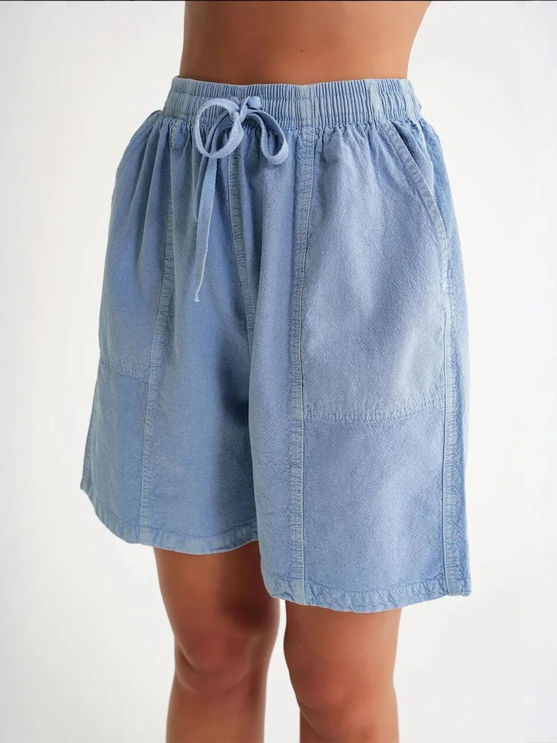 MixRay Powder Blue Mixray High Waist Cotton Drawstring Mini Shorts for Women | Best Price UAE