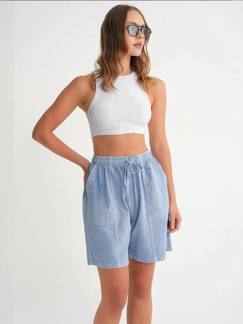 MixRay Powder Blue Mixray High Waist Cotton Drawstring Mini Shorts for Women | Best Price UAE