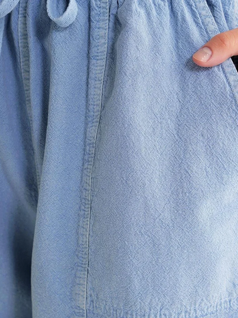 MixRay Powder Blue Mixray High Waist Cotton Drawstring Mini Shorts for Women | Best Price UAE