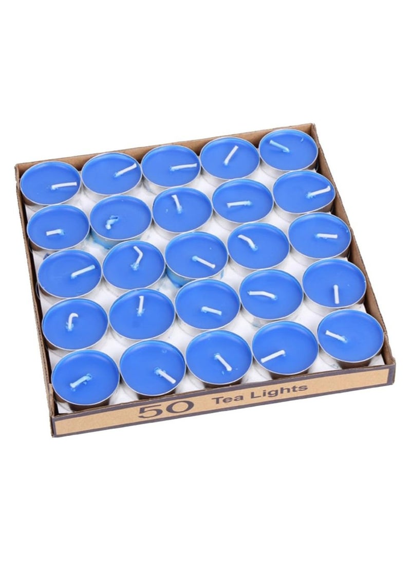 50 Pack Mini Tea Lights Candles - Unscented - Smokeless - 2 Hour Burn Time - Decoration for Wedding, Party, Dating and Festival Celebration (Blue) 