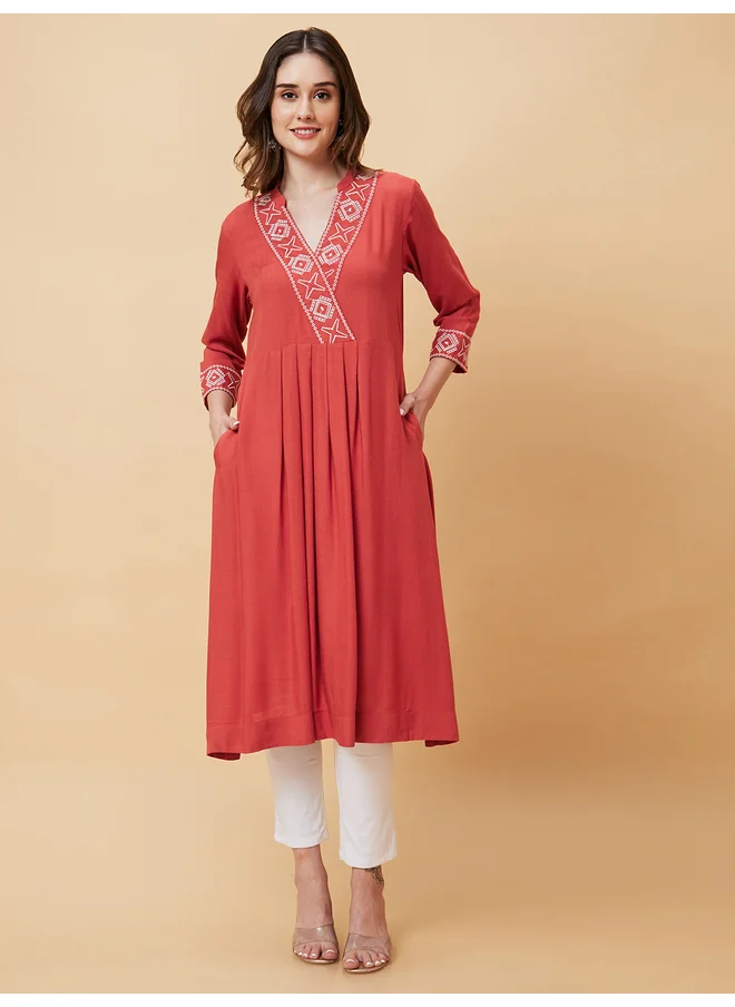 globus Globus Embroidered V-Neck Wrap A-Line Kurta