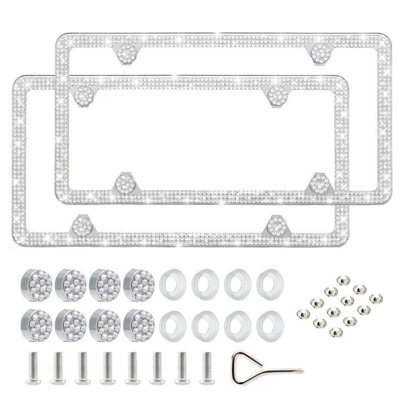 FIISFIIS Bling License Plate Frame for Women,2 Pack Premium Rhinestone Car License Plate Holder,Handmade Glitter Crystal Diamond Lincense Plate Cover for Girl,Sparkly Caps-4Hole White (White-1)