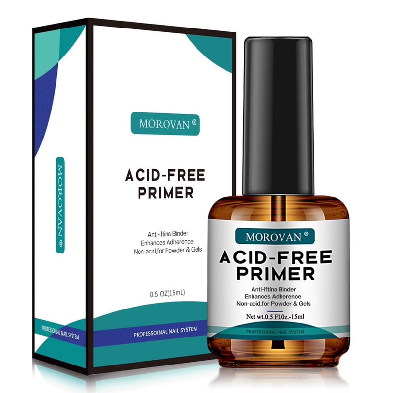 Morovan Acid Free Nail Primer - Professional Nail Primer for Acrylic and Gel Nail Polish No Lift Prep Bond 0.5 oz No Burn Fast Air Dry Bonder for UV Gel Supplies Set - Image 1