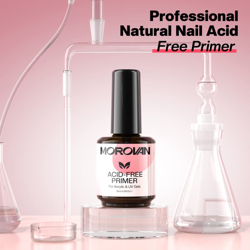 Morovan Acid Free Nail Primer - Professional Nail Primer for Acrylic and Gel Nail Polish No Lift Prep Bond 0.5 oz No Burn Fast Air Dry Bonder for UV Gel Supplies Set - Image 2