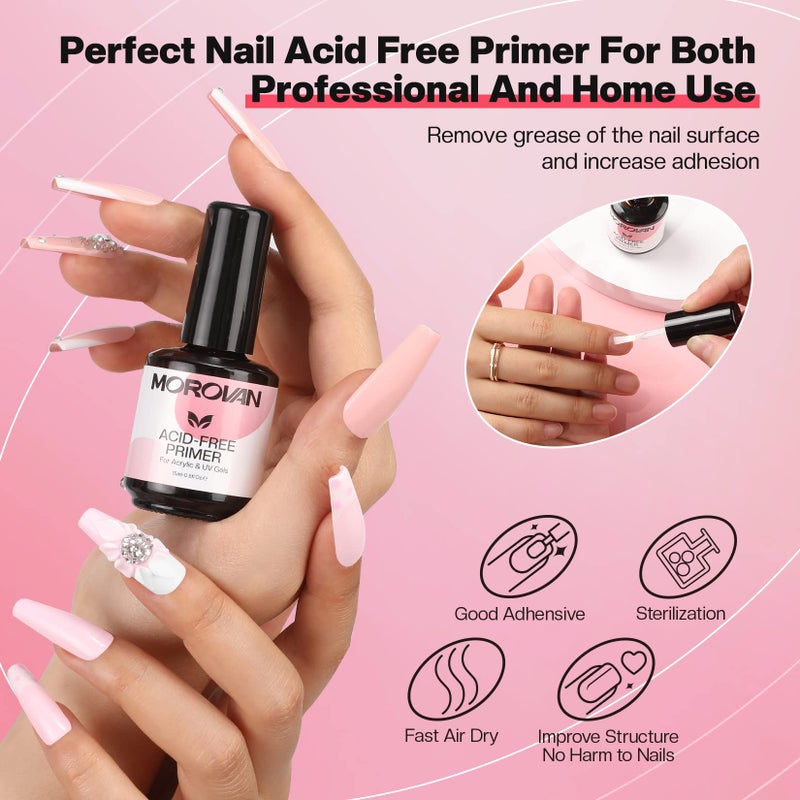 Morovan Acid Free Nail Primer - Professional Nail Primer for Acrylic and Gel Nail Polish No Lift Prep Bond 0.5 oz No Burn Fast Air Dry Bonder for UV Gel Supplies Set - Image 4