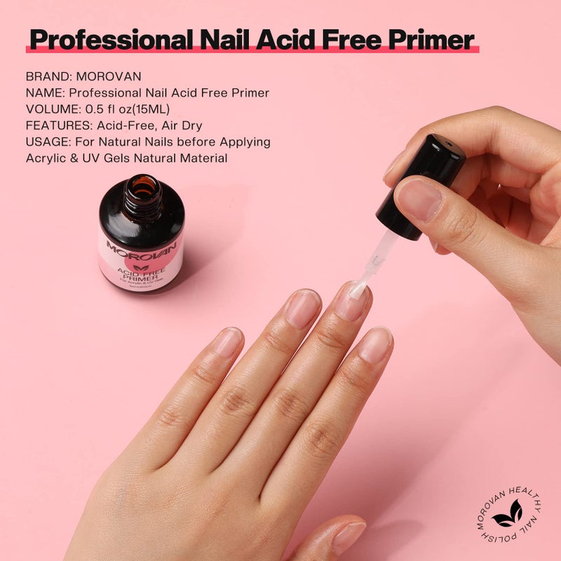 Morovan Acid Free Nail Primer - Professional Nail Primer for Acrylic and Gel Nail Polish No Lift Prep Bond 0.5 oz No Burn Fast Air Dry Bonder for UV Gel Supplies Set - Image 3