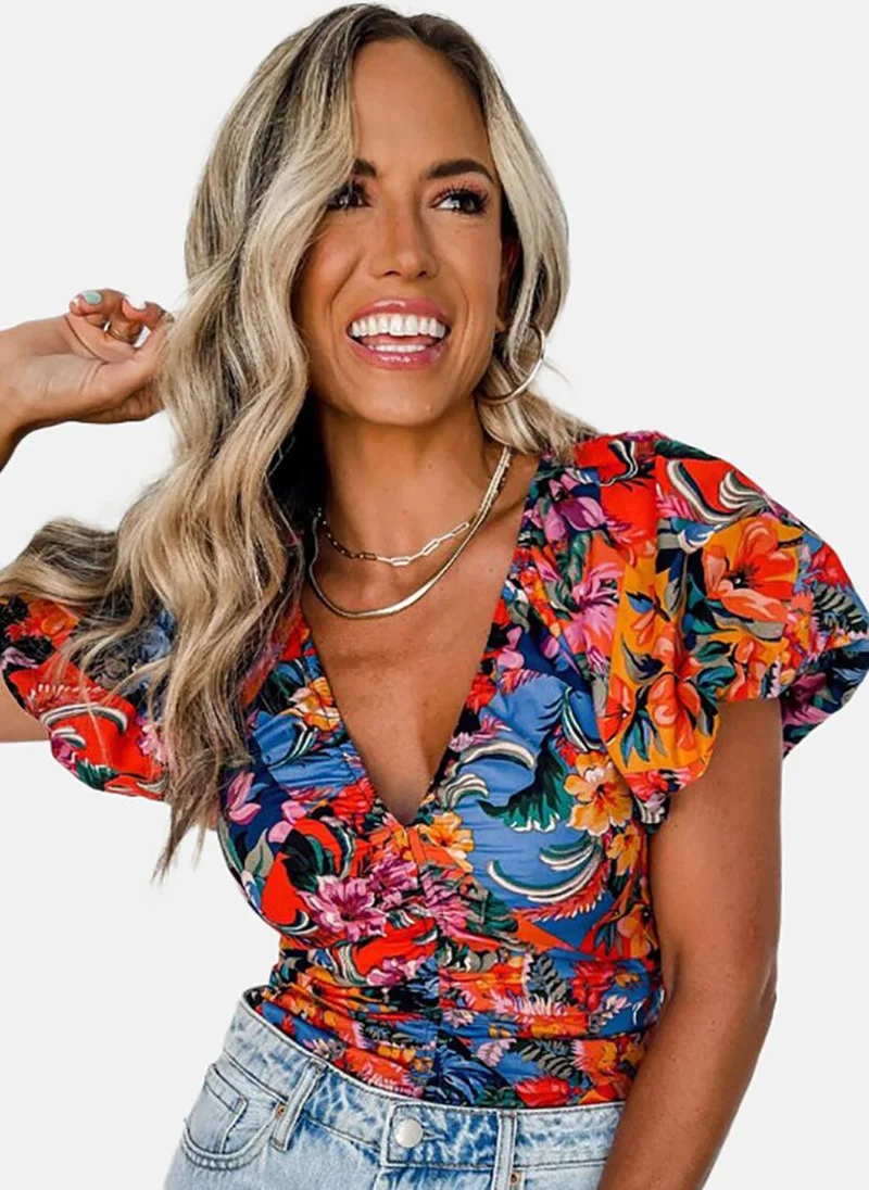 يونيكي Orange Floral Short Sleeve V Neck Tunics