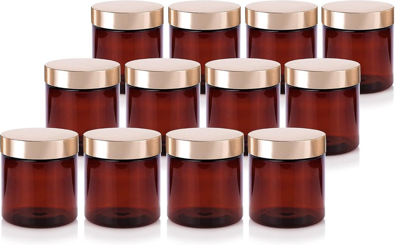 (12 Pack) 8 oz Amber PET Plastic Jar with Luxury Gold Metal Overshell Lid