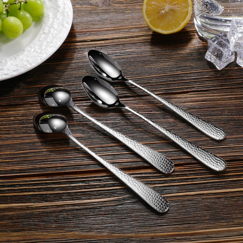 KEAWELL Premium Louise Hammered Long Handle Spoons, 4-Piece Set, 18/10 Stainless Steel, Mirror-Polished, Ideal for Coffee, Tea, and Beverages, Dishwasher Safe (4, 7.5 inches) - Image 3