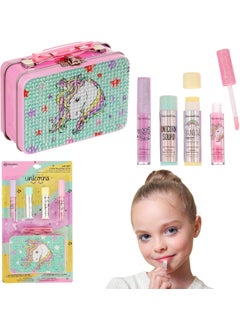 Expressions EXPRESSIONS 5pc Cosmetics Lip Kit For Kids w/Lip Glosses, Lip Balms & Tin Box Storage Case I Believe in Unicorns Rhinestone,Washable + Non Toxic 