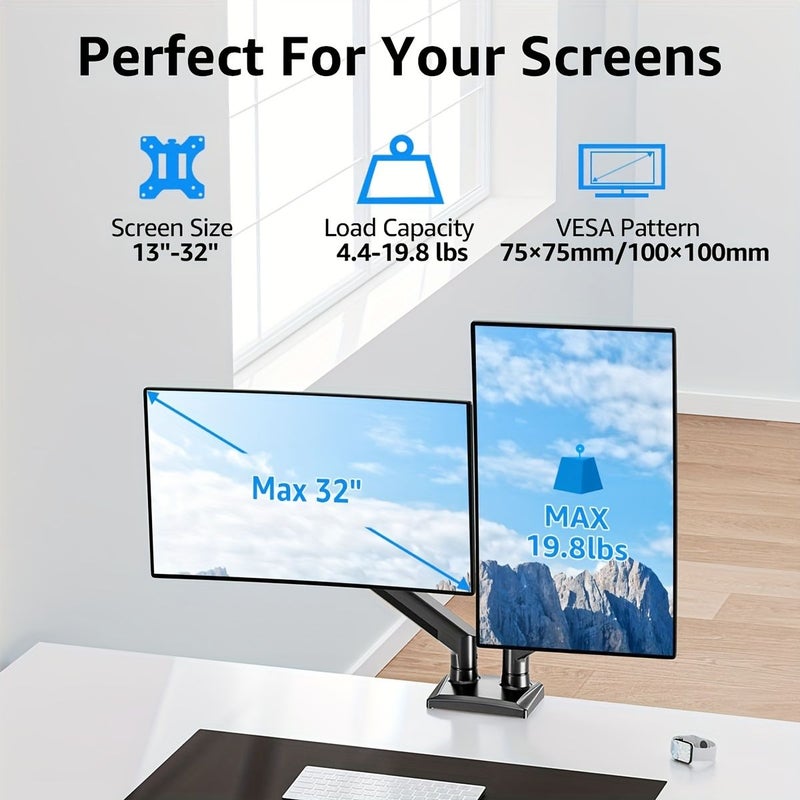 Dual Monitor Stand With 2 Arms For 13-32 Inch Screens Supports 19.9 Lbs Tilt Swivel VESA 75x75 100x100 Space Saving Design For Home And Office - Image 2