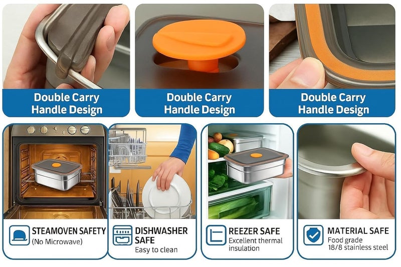 SOLIGT صندوق تخزين الثلاجة مارفي 316 من الفولاذ المقاوم للصدأ | حاويات تخزين الطعام، آمنة للطعام، مانعة للتسرب، منظم مطبخ | قفل النضارة، آمنة للاستخدام في الميكروويف والفريزر، فضي مع غطاء 1000 و 1500 مل (1 قطعة) - Image 5