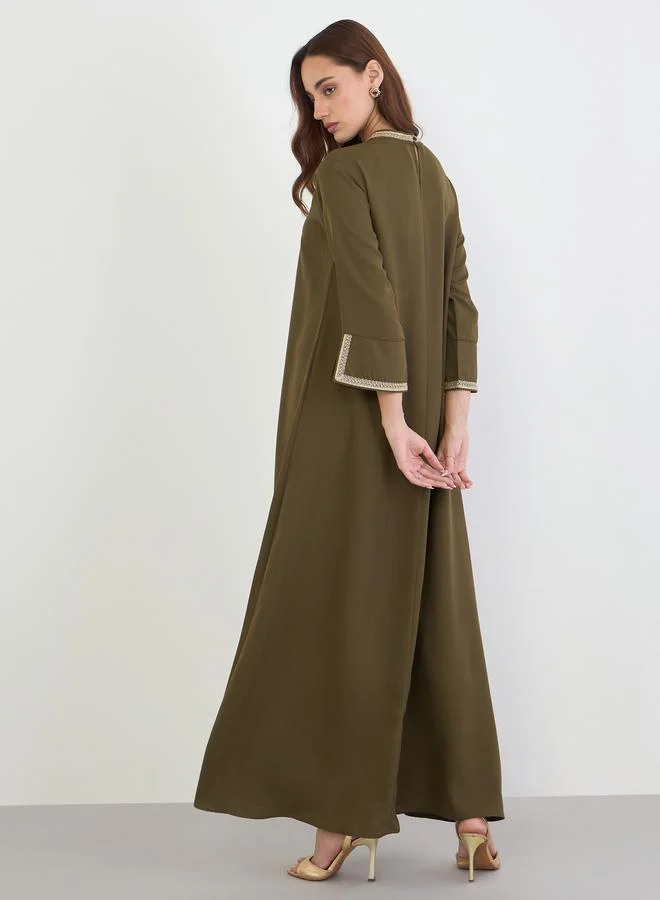 Amirah Olive Embroidered Neckline A-Line Jalabiya
