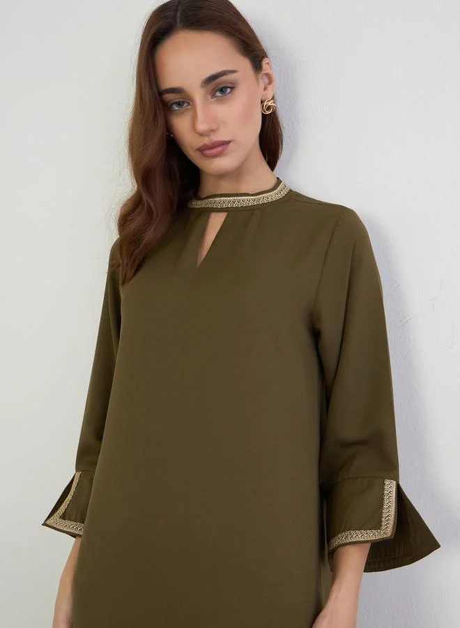 Amirah Olive Embroidered Neckline A-Line Jalabiya