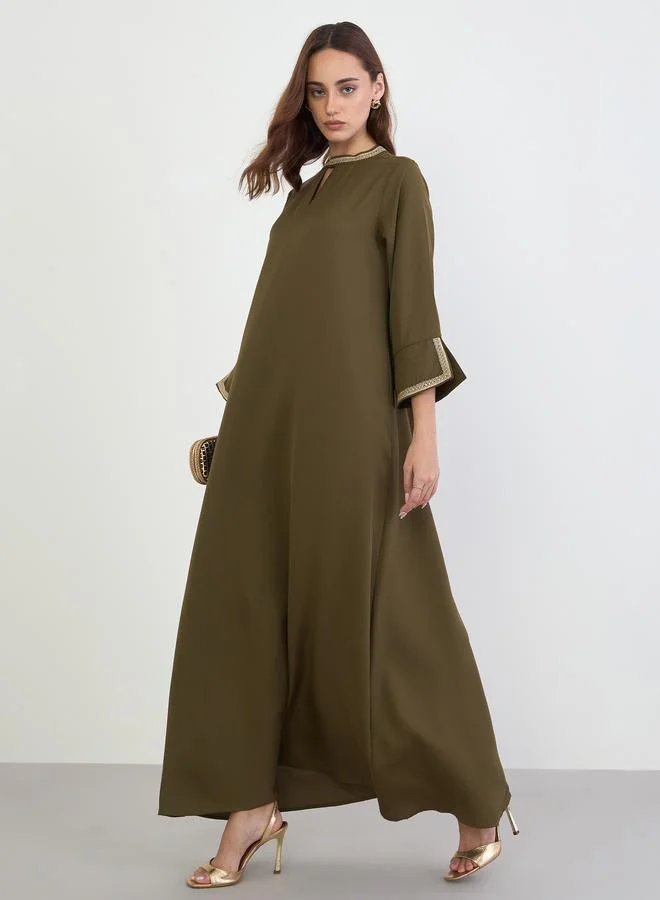 Amirah Olive Embroidered Neckline A-Line Jalabiya
